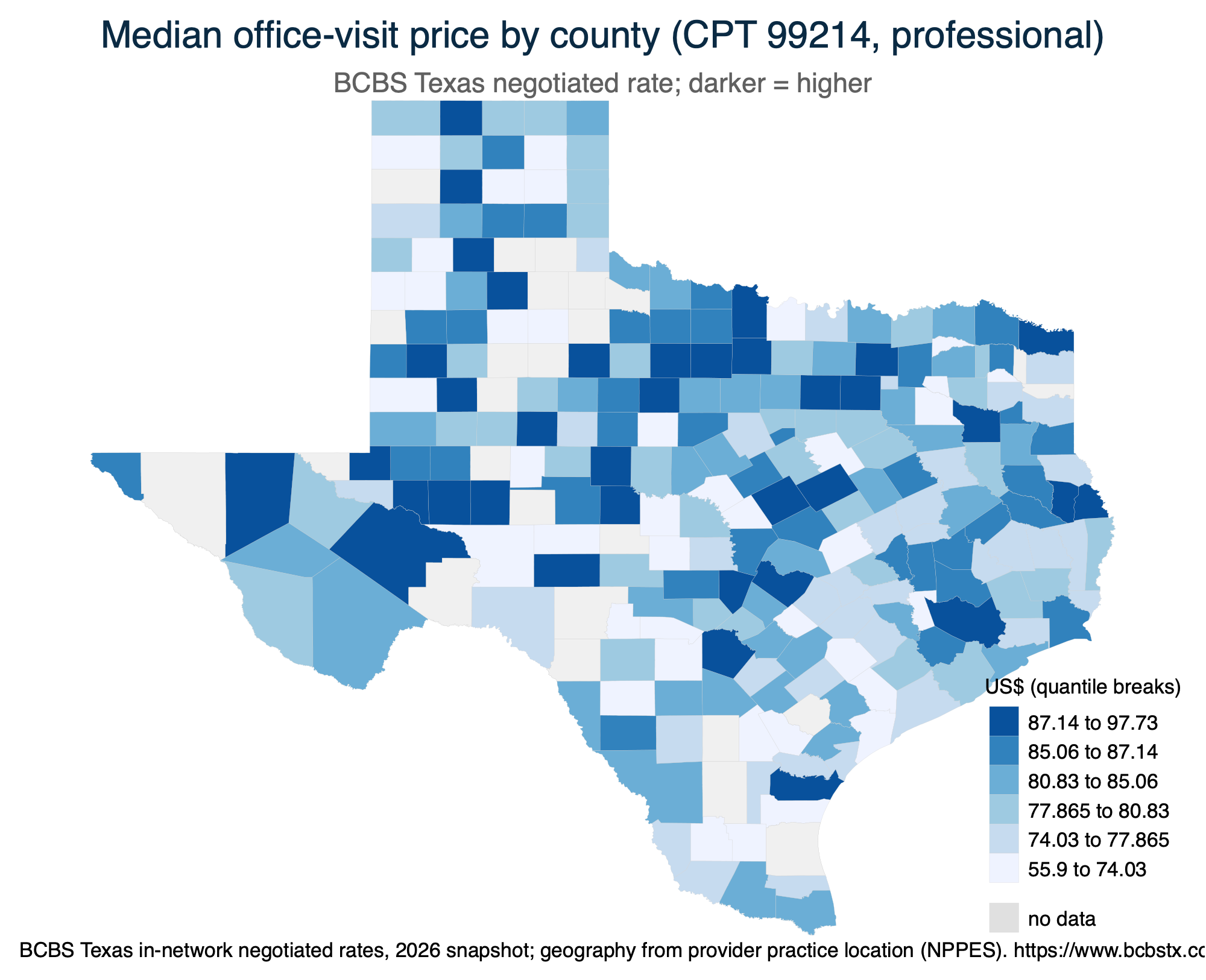 county price map (median CPT 99214 professional negotiated price, BCBS Texas)