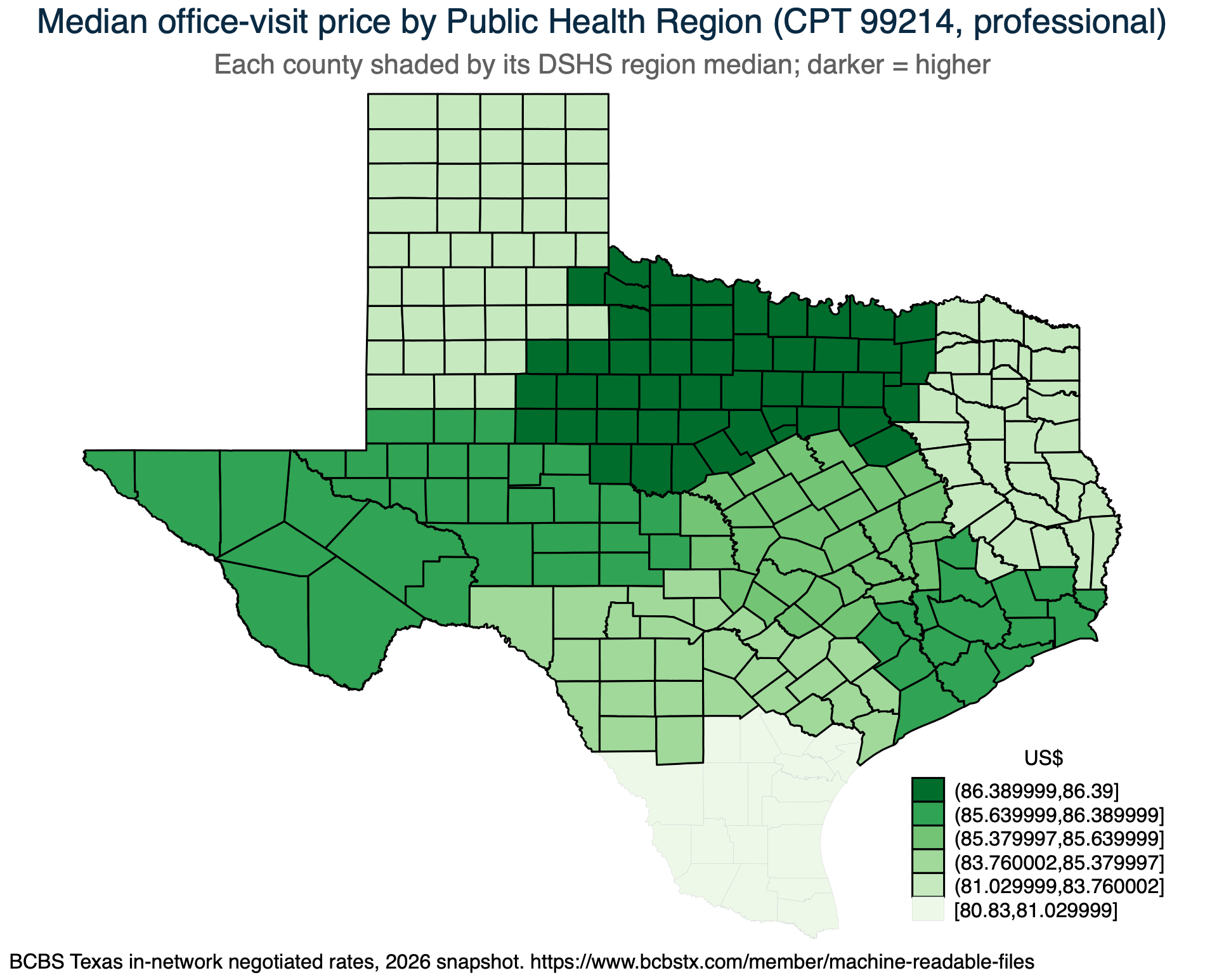 Public Health Region price map (median CPT 99214 professional, BCBS Texas)