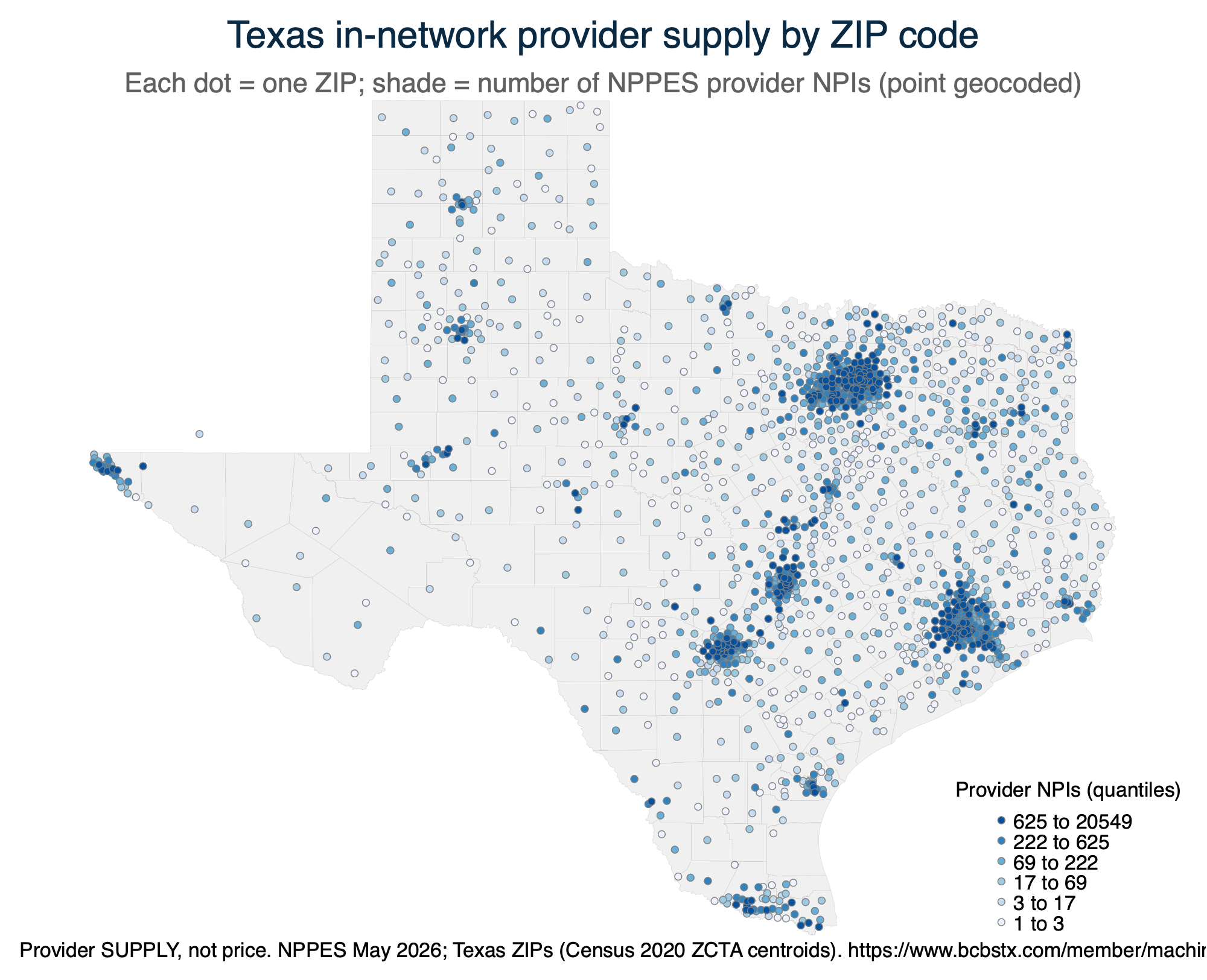 Texas in-network provider supply by ZIP code (point map)