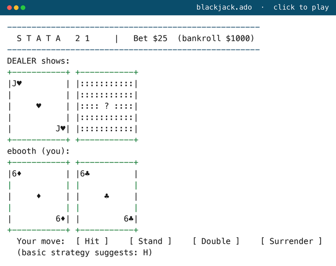 blackjack.ado click-to-play menu in the Stata Results window